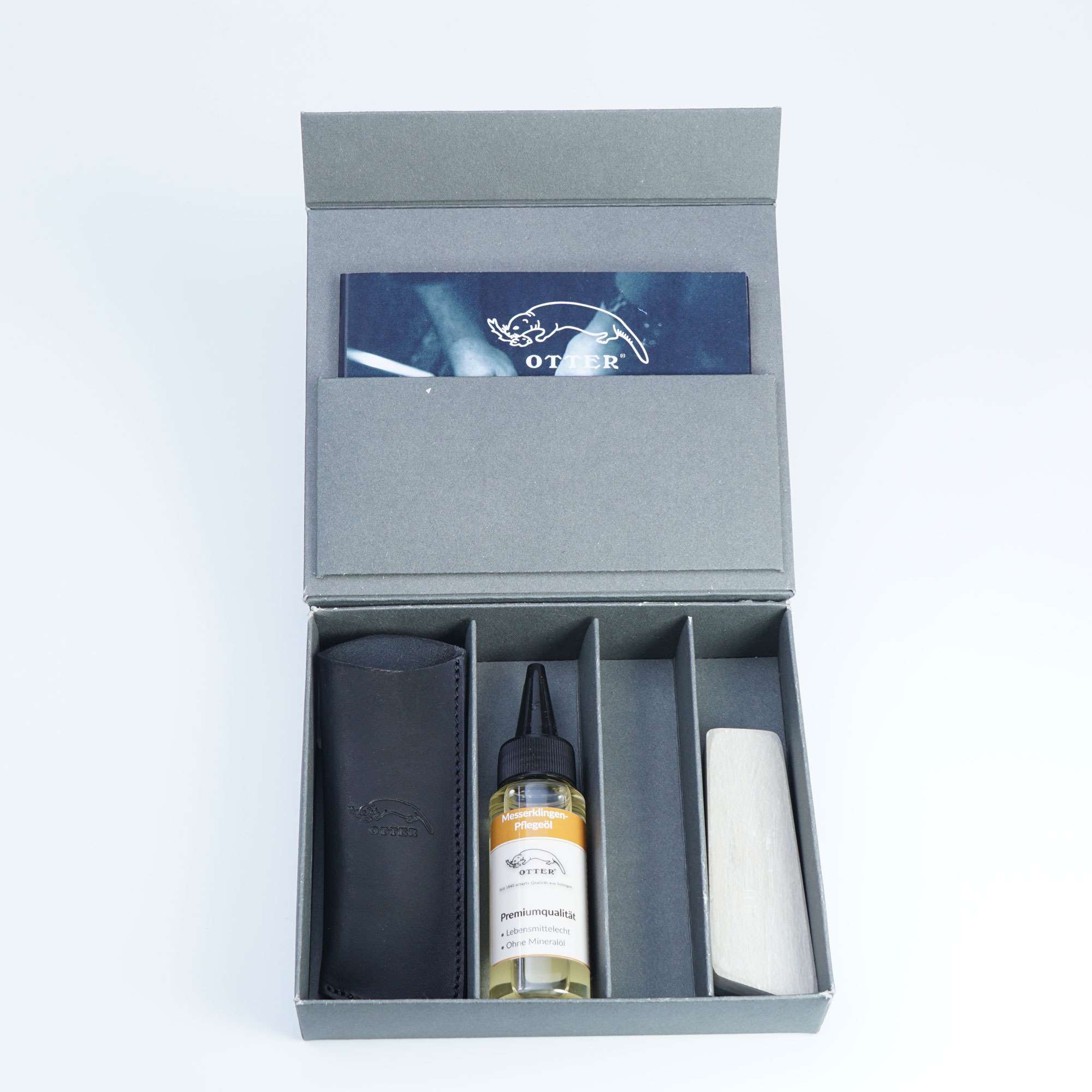 Geschenkbox E mit Lederetui 03, Pflegeöl Klinge und Belgischer Brocken 4